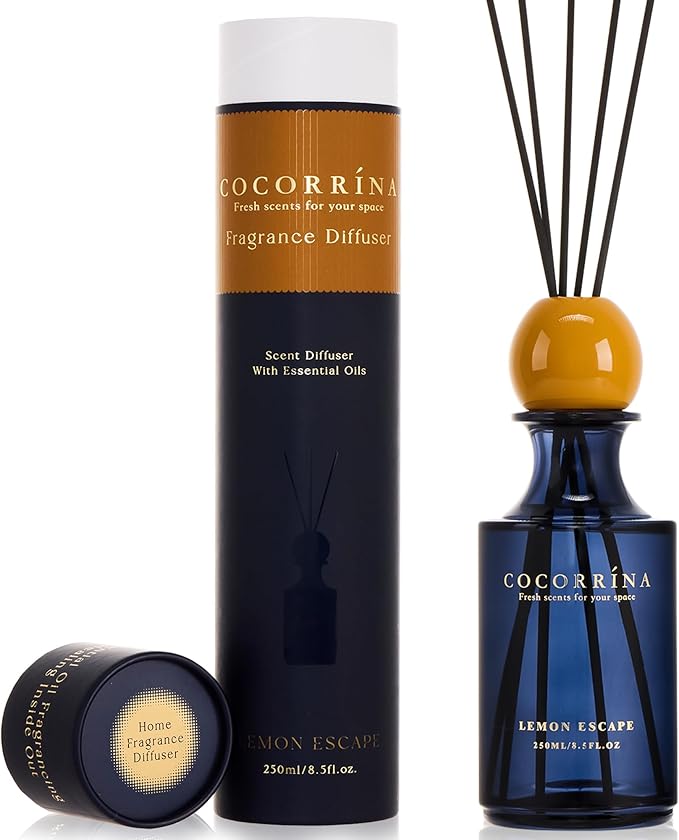 COCORRÍNA Lemon Escape Reed Diffuser 8.5 oz, Home Fragrance Oil Diffuser with 6 Reed Sticks, Long-Lasting Scent for Bathroom, Bedroom & Home Décor