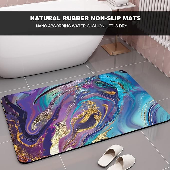 Diatomaceous Earth Bath Mat,Purple Gold Marble Non-Slip Volume Super Absorbent Fast Drying for Bathroom Kitchen Door mat,Eco-Friendly Easy to Clean 16×24Inch (40 * 60cm)