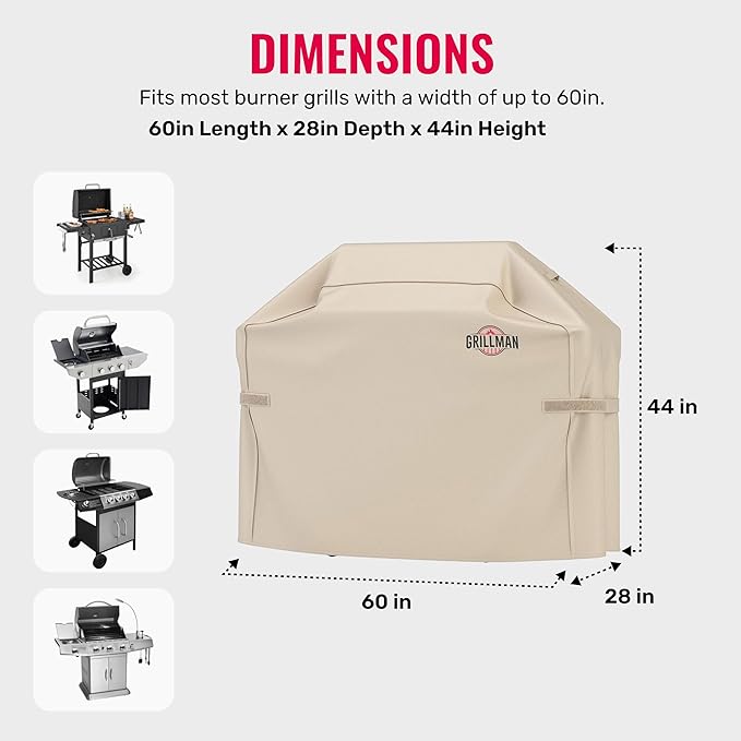 Grillman Grill Cover, BBQ Outdoor Grill Covers, Charcoal, Gas Grills, Waterproof, Rip-Proof, Weather-Resistant, Anti-UV, Barbecue Cover for Weber, Genesis, Charbroil, Nexgrill, etc (Tan, 60 Inch)