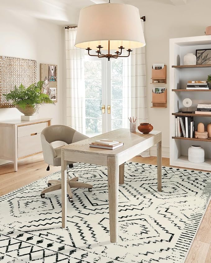 Wonnitar Moroccan 4x6 Area Rug, White Boho Rugs for Living Room, Washable Soft Large Rug for Bedroom,Non-Slip Geometric Throw Carpet, Low Pile Accent Mat for Nursery Bedside Dorm (Beige,4'x6')