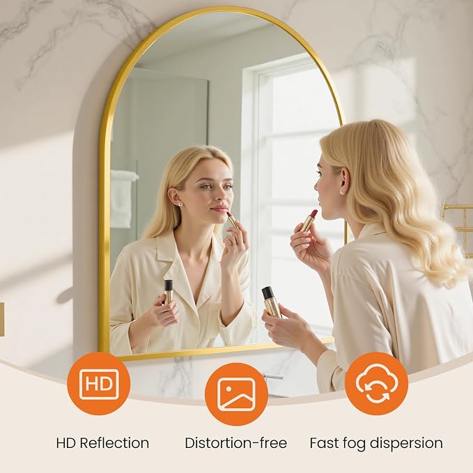 NEWBULIG 32X30 Inch Arched Bathroom Mirror for Wall, Vanity Bathroom Mirrors for Over Sink Tempered Glass, Anti-Rust Arched Metal Framed, Hangs Horizontally or Vertically, Farmhouse Home Decor, Gold