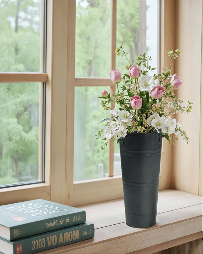 9 Inch Galvanized Metal Vases for Flowers - 2 Pcs Farmhouse Decorative Tall Flower Bucket with Handles, Rustic French Tin Planter Buckets for Wedding Decor (Galvanized Black)
