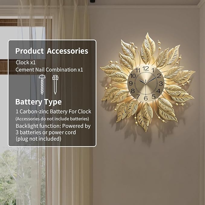 Gold Wall Clock Sunburst,23 Inch Mid Century Decorative Modern Wall Clocks Battery Operated Sunburst Large Handmade Home Art Decor for Living Room,Corridor,Staircase,Kitchen&Thoughtful Gift