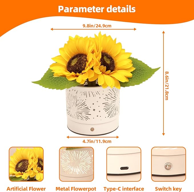 Birthday Gifts for Women,Sunflower Flower Touch Lamp,Rechargeable Cordless Lamp 3-Colour Dimming Night Light for Festival,Restaurant,Bedroom,Office Home Decor Gifts for Women Mom