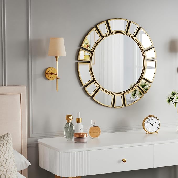 CozyDH Retro Gold Sunburst Mirror Decor - 24 inch Round Wall Mirror Decorative with Metal Frame Modern Bohemian Sun Art Decor Mirror for Entryway Bedroom Living Room Hallway Bathroom Fireplace