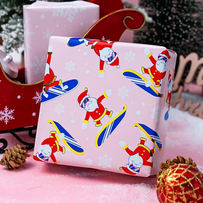MAYPLUSS Christmas Wrapping Paper Roll - 17 Inch X 33 Feet - Skiing Santa Claus Gift Wrapping Paper Reversible Snowflake Thick Wrap Paper for Holiday Party New Year Kids
