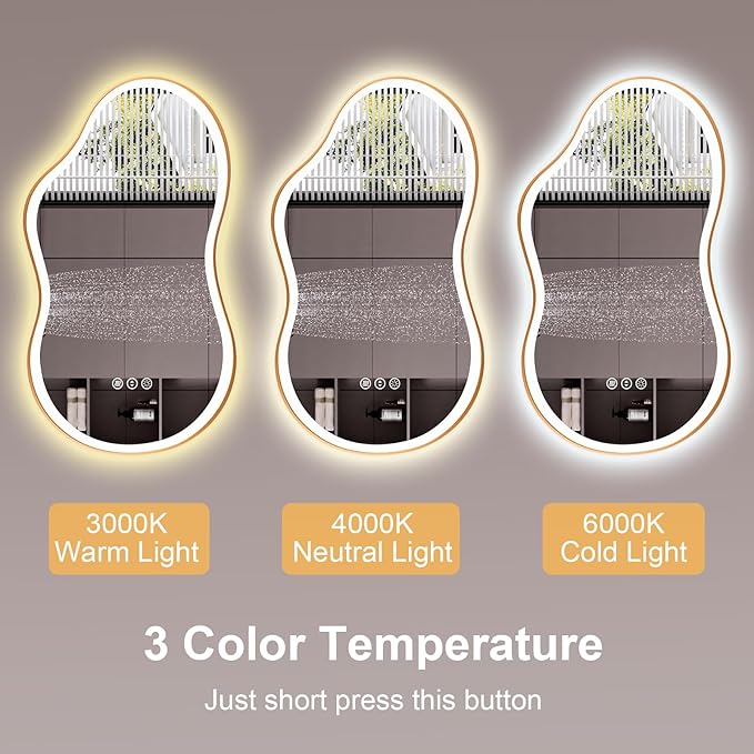 WTTY LED Irregular Bathroom Mirror 26x46 Inch with Front & Back Lights - Asymmetrical Design, Anti-Fog, Dimmable 3 Color Temperatures, Shatterproof Glass, Horizontal or Vertical Mount (Gold Frame)