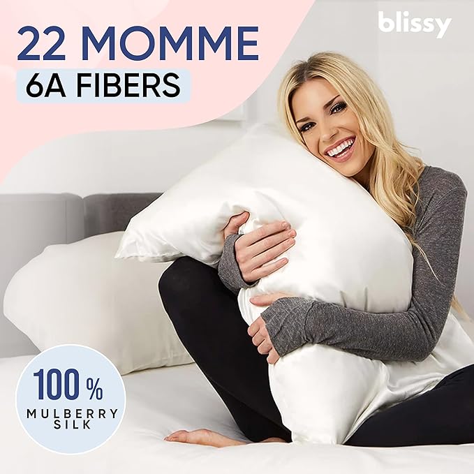 Blissy Silk Pillowcase - 100% Pure Mulberry Silk - 22 Momme 6A High-Grade Fibers - Silk Pillow Cover for Hair & Skin - Regular, Queen & King (Blissy White, King)