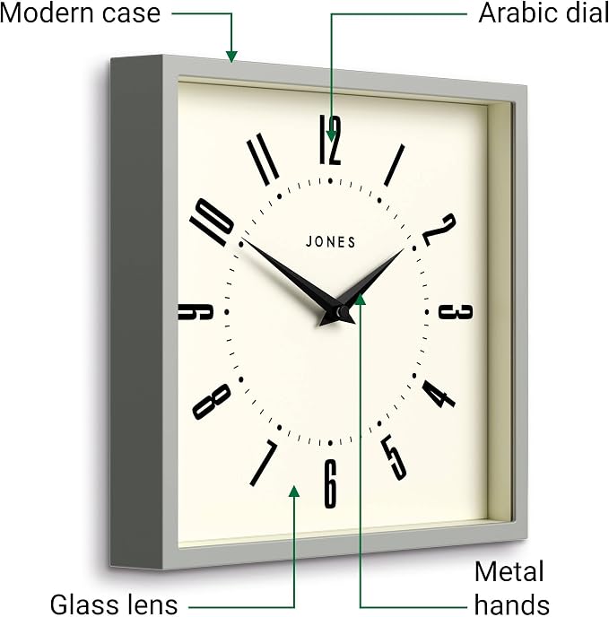 JONES CLOCKS® Box wall Clock | Retro Square | 10 inch | Gray | Easy to Read Numbers | Perfect Kitchen or Office Clock