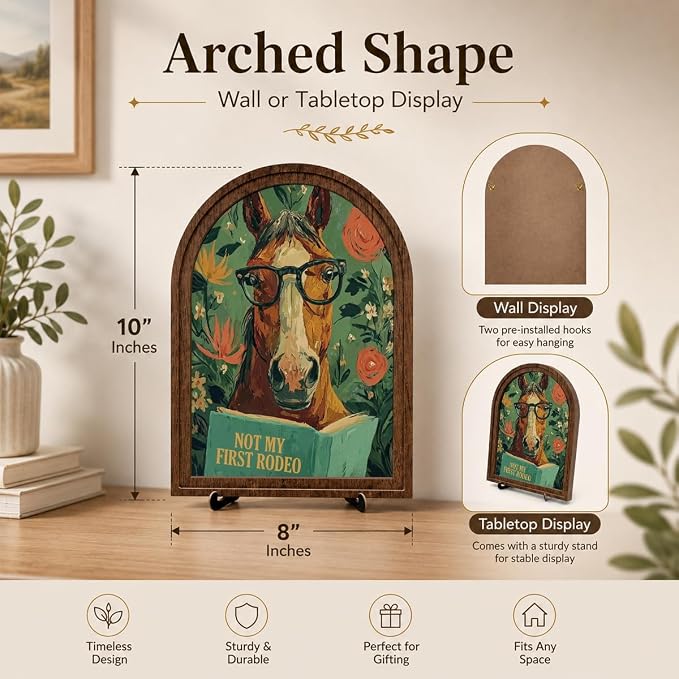 Wooden Sign with Stand Decoration, Funny Horse Decor for Bookshelf Desk Shelf, Rustic Farmhouse Home Office Decor, Literary Equine Decor for Bibliophile Rodeo Lovers