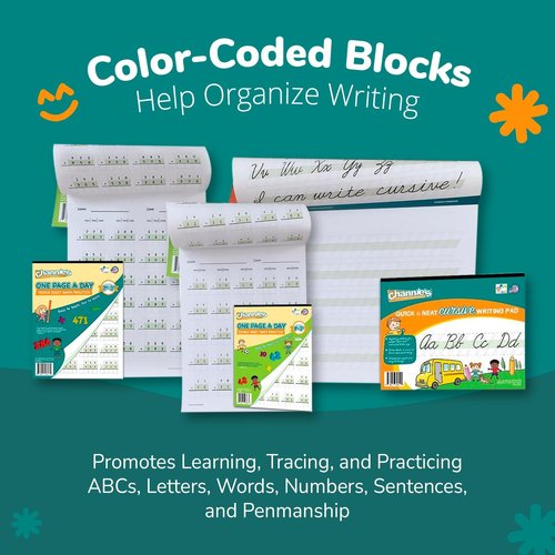Channie’s Visual Math Workbooks - Cursive & Handwriting Bonus Pack of 5 | Grades 1-3 with Free Alphabet Card