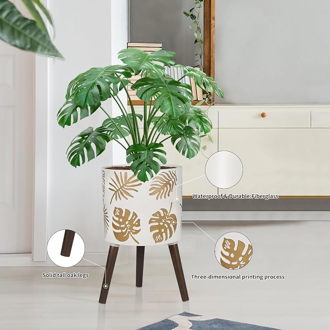 12 Inch Planter, Plant with Stand, Large Planters for Indoor Plants,Flower Pot with Drainage Holes for Outdoor,White and Gold