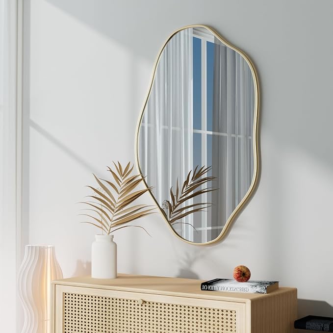 24"x36" Irregular Wall Mirror Cloud Asymmetrical Shaped Gold Aluminum Alloy Framed Mirror for Living Room Bathroom Bedroom Entryway Fireplace