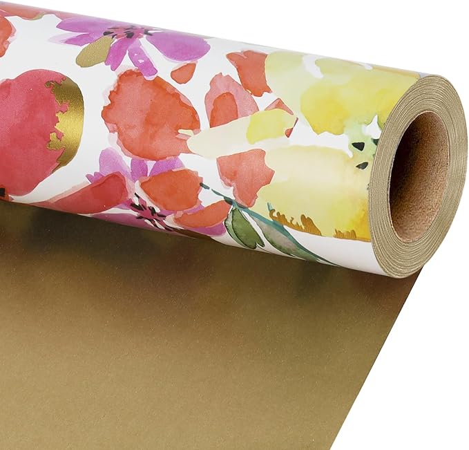 BIOBROWN Reversible Floral Wrapping Paper Roll - 17 Inches X 33 Feet (47 sq. ft. ttl.) Watercolor Abstract Poppy Design Flower Gift Wrap for Wedding, Bridal Shower, Mother's Day,Engagement