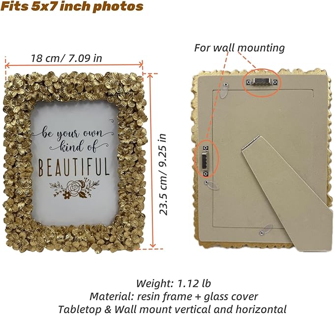 5x7 Ornate Picture Frame Embossed Flower Art Deco Photo Frames 5 x 7 Floral for Wall and Tabletop Display with Glass Retro Home Decor(Gold)