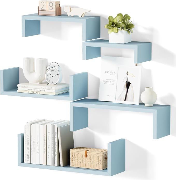 SRIWATANA Floating Shelves for Wall, Wall Shelves for Bathroom, Bedroom, Living Room, Kitchen, Office, Wood Shelves for Wall Decor Set of 5 (Blue)