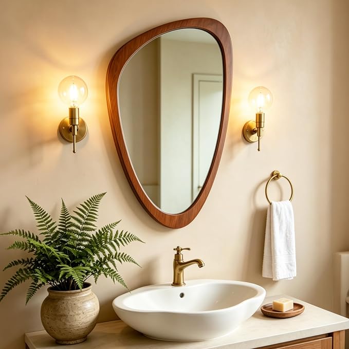 Ferytange Asymmetrical Wall Mirror, Wood Frame Decorative Mirror for Living Room Bedroom Entryway, Modern Irregular Unique Wall Art, Mid Century Modern Home Decor 30" H x 19" W