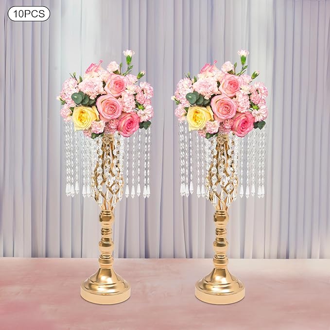 Vase | Bud Vases |10PCS Gold Crystal Flower Stands | Elegant Centerpiece for Weddings & Events | for Wedding Table Centerpieces, Aisle Guides, Party Decorations (Gold)