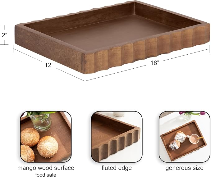 Kate and Laurel Lissi Decorative Rectangle Tray with Wavy Design; 16 x 12; Walnut Brown; Mid-Century Modern Scalloped Serving Tray for Coffee Table Ottoman; Dining Table; or Entryway Catch-All Tray