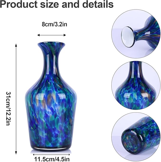 Hand Blown Glass Vase Teal Mosaic (Blue Green Splash) – Murano Inspired Art Glass Vase with Wide Mouth for Flowers, Bubble Vase, Coastal Centerpiece for Dining Room or Living Room (Blue)
