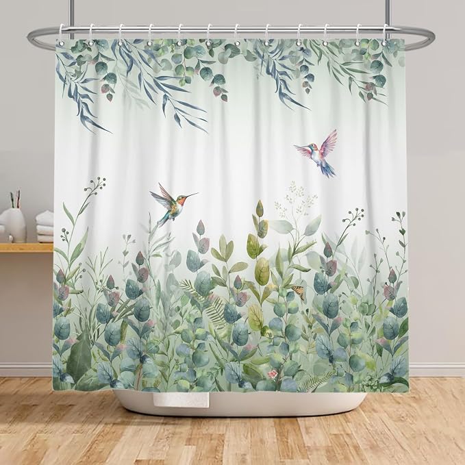 Green Leaf Shower Curtain Colourful Bird Eucalyptus Bathroom Curtain Plant Leaves Botanical Hummingbird Spring Summer Shower Curtain Sets for Bathroom Extra Long 72x84 in with 12 Hooks