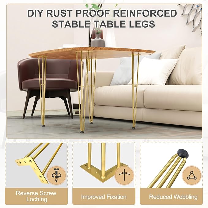 22Inch Hairpin Table Legs Golden Set of 4 Desk Legs,1300lbs Load Capacity ， Rodsfor Coffee Table, Night Stand Desk Bench，Desk, Bench Desk Dining End Table Chairs