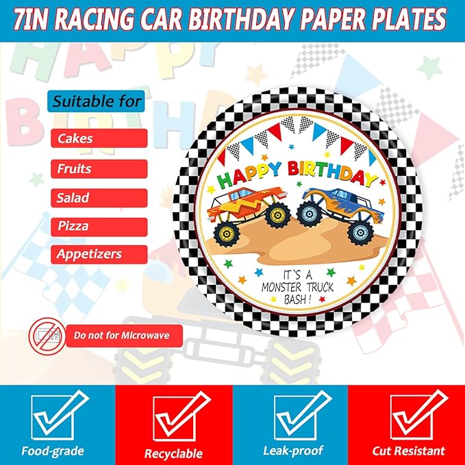 72Pcs Racing Car Party Plates and Napkins Monster Truck Birthday Party Supplies Disposable Checkered Race Tableware Set for Boys Birthday Wheel Sports Baby Shower Decorations Serves 24