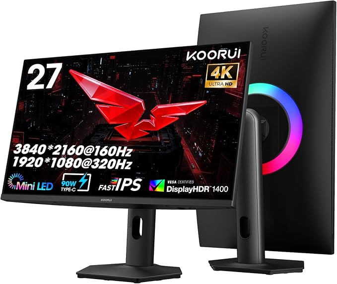 KOORUI 27" 4K QD-Mini LED Gaming Monitor - Dual-Mode (UHD 160Hz or FHD 320Hz), 1ms, 99% Adobe RGB, HDR1400, 90W USB-C, HDMI 2.1/DP1.4, VESA, Tilt Height Swivel Vertical Adjustment, Black, S2741LM
