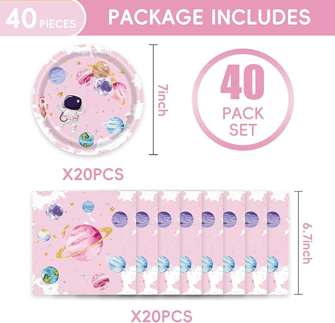 40Pcs Space Themed Party Decorations Astronaut First Birthday Plates and Napkins Party Supplies Serve 20 Two The Moon Baby Girl Shower Supplies Space Birthday Decorations