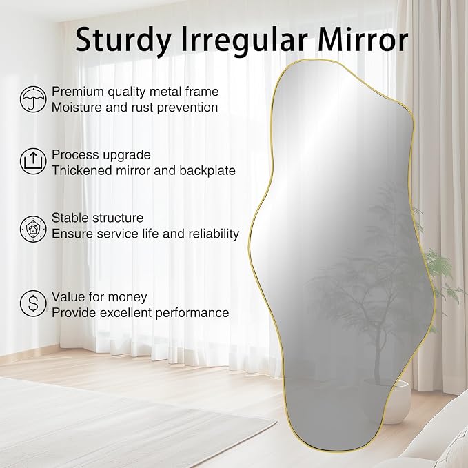 Irregular Mirror Full Length, 63.4"x29" Large Asymmetrical Mirror with Gold Metal Frame, Modern Abstract Wall Mirror for Living Room Bedroom Entryway, Hangs Vertically or Horizontally