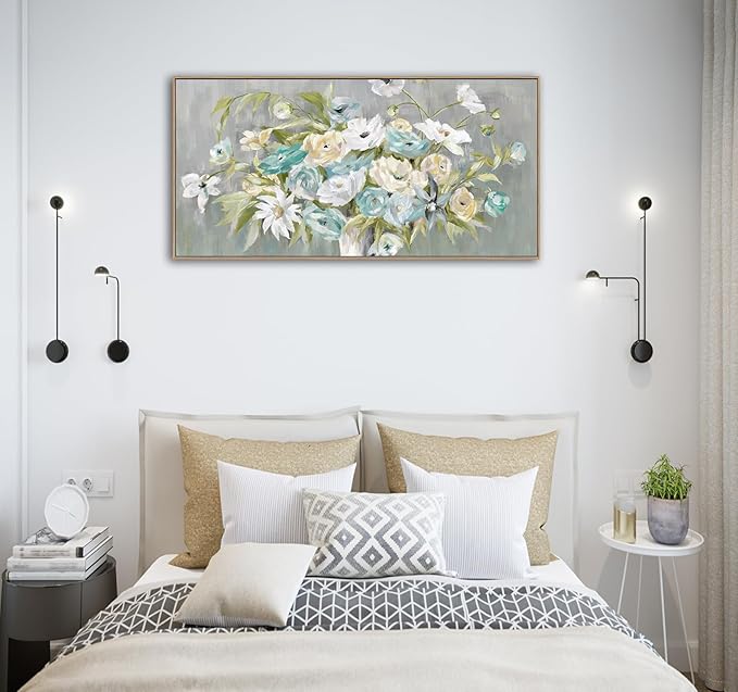 VEAEE Floral Wall Art - Float Framed Abstract Flowers Canvas Pictures Living Room Wall Decor Modern Landscape Painting Botanical Grass Artwork for Bedroom Bathroom Kitchen Office Decor 20"x 40"