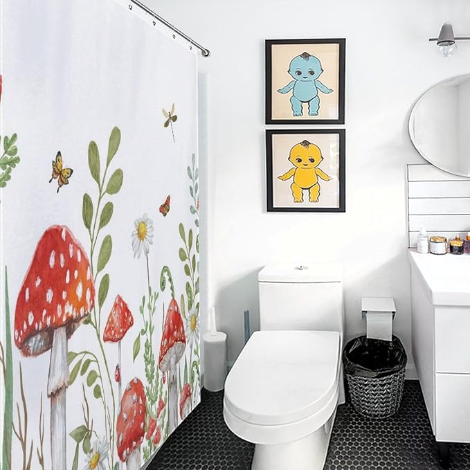 Mushroom Shower Curtain, Rustic Sage Green Botanical Vintage Mushroom Wildflower Forest Plants Herbs Farmhouse Country Waterproof Fabric Bathroom Shower Curtain Set with Hooks, 72"x84" Inch