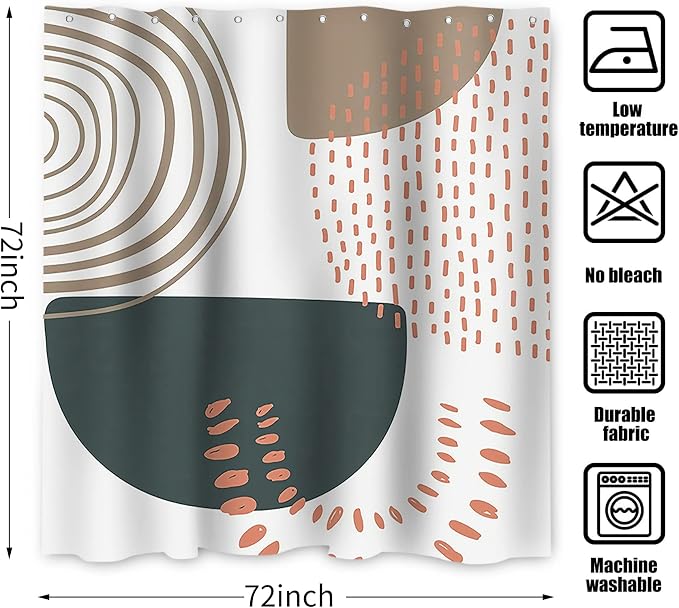 Boho Shower Curtain, Mid Century Modern Abstract Minimalist Beige Neutral Machine Washable Waterproof for Bathroom Bathtub with 12 Hooks 72x72