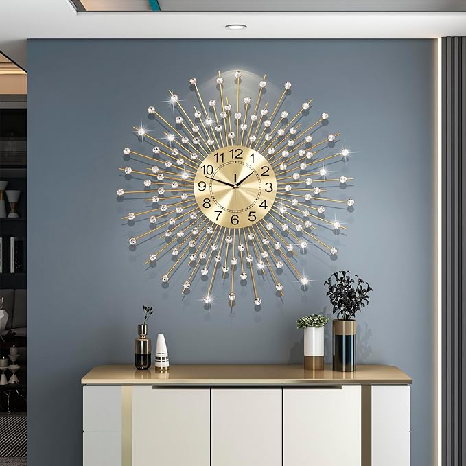 Extra Large Wall Clocks for Living Room Big Modern Wall Clock Silent Battery Operated Non-Ticking for Bedroom Office Kitchen Home 28 Inch Gold Clock Crystal Home Decorative