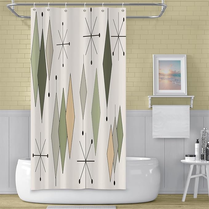 Boho Mid Century Shower Curtain Vintage Abstract Green Diamond Geometric Atomic Starburst Pattern for 1950s Retro Bathroom Decor Accessories Shower Curtain Set with 12 Hooks, 36x72 Inches