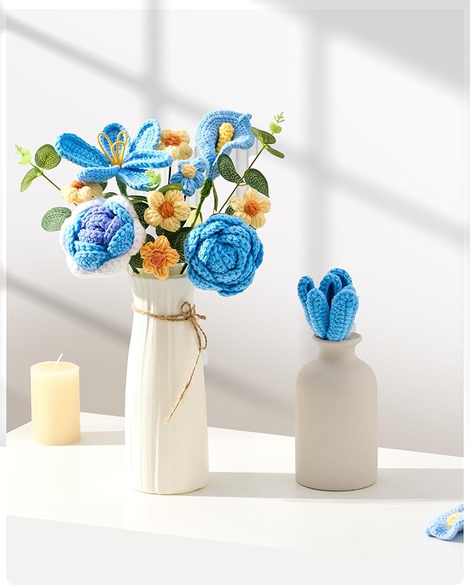 Crochet Flowers Bouquet Gift for Wife Girlfriend Fiancee Mother Women, Handmade Artificial Knit Blue Rose Tulip Flower for Wedding Anniversary Birthday Valentine's Day Present, Home Decor