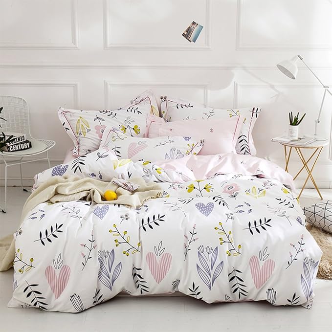 Girls Boho White Pink Floral Duvet Cover Queen Bedding Sets Cotton Comforter Cover Chic Flower Branches Bedding Sets with 2 Pillowcases
