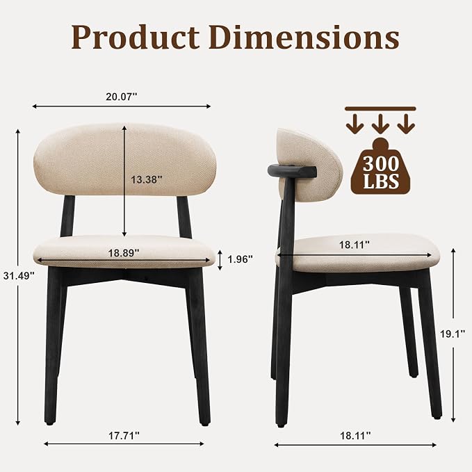 Farmhouse Dining Chairs Set of 4, Mid Century Modern Fabric Upholstered Kitchen Chairs, Wooden Dining Room Chair with Curved Back&Black Legs for Kitchen Dining Room Restaurant Cafe, Beige, Only Chairs