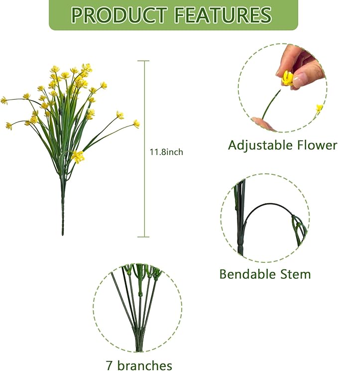 Artificial Flowers Outdoors, 12 Bundles No Fade Fake Flowers UV-Anti Easy to Clean Faux Greenery Plants Faux Plastic Plants Garden for Indoor Outdoor Home Garden Decoration, Yellow
