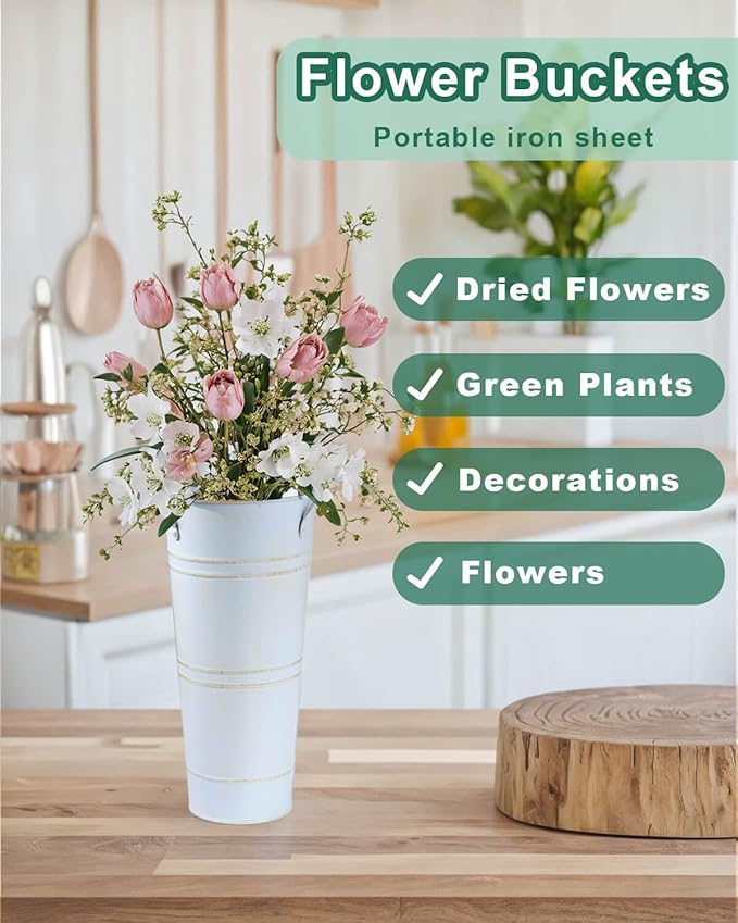 9 Inch Galvanized Metal Vases for Flowers - 2 Pcs Farmhouse Decorative Tall Flower Bucket with Handles, Rustic French Tin Planter Buckets for Wedding Decor (Vintage White)