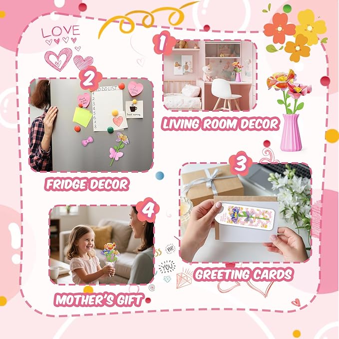 Fabric Flower Bouquets Toys with Light & Music, Deluxe DIY Arts and Crafts Kits for Kids 4-10 Year Old with Ribbons, Fridge Magnets, Greeting Cards, Birthday Gifts for Age 4 5 6 7 8 9 10 Girls (Pink)