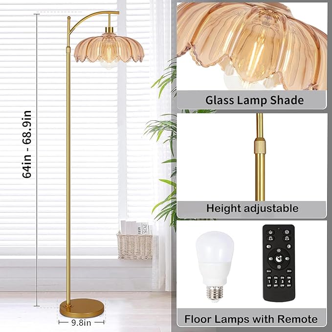 QIYIZM Glass Floor Lamp for Living Room,Bedroom,Gold Dimmable Standing Lamp with Remote,Mid Century Modern Brass Tall Lamp Boho Floor Lamps Arc Stained Flower Floor Light Lamp Bohemian