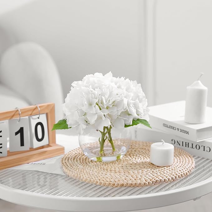 White Hydrangea Artificial Flower with Vase Fake Flower in Glass Vase with Faux Water for Home Bathroom Office Table Centerpiece Shelf Decorations Flowers