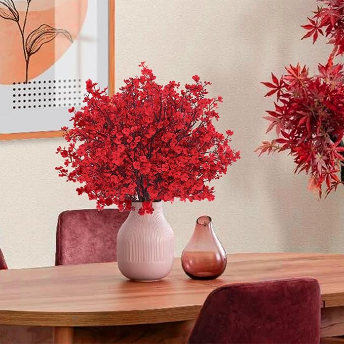 Yastouay Red Artificial Christmas Flowers, 10Pcs Real Touch Babys Breath Artificial Flowers Bulk, Fake Flowers for Vase Faux Flowers for Christmas Spring Decor Floral Arrangement