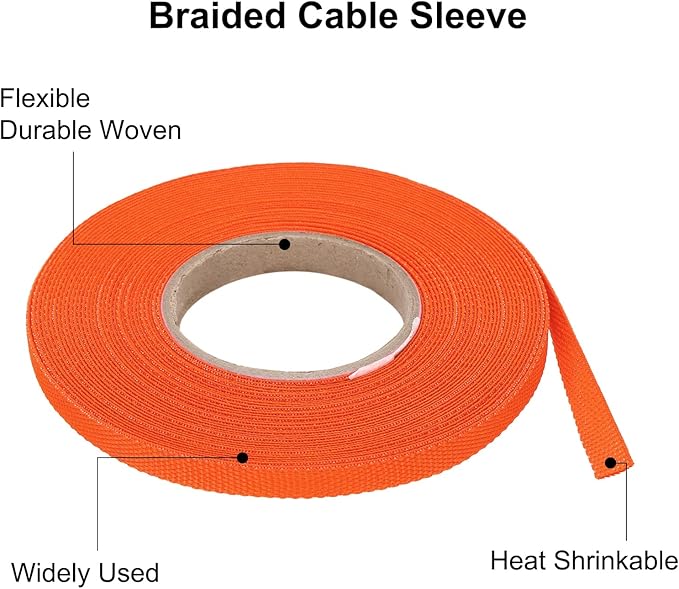 MECCANIXITY Braided Cable Sleeves Heat Shrinkable Fabric Sleeving, 1/4" 40ft Orange 2:1 Ratio Heat Shrinkable Cord Protector for Harness Cable, Network Cable Protection, Cable Management