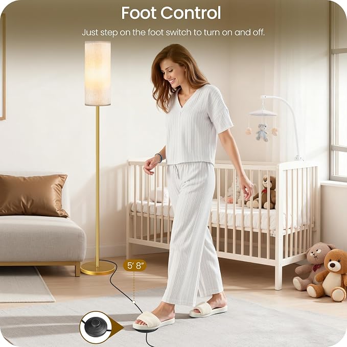 Dimmable Floor Lamp for Living Room with Remote and Foot Switch, Standing Tall Lamp, Bulb Included, 3000K-6500K, Beige and Gold, FCC Listed DE06LD05W1