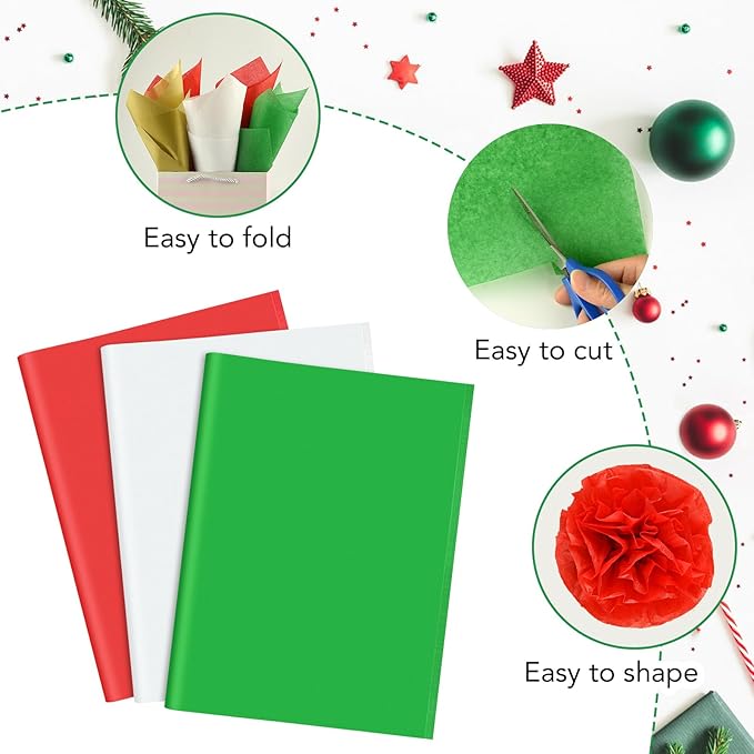 NEBURORA 100 Sheets Christmas Tissue Paper Red Green White Tissue Paper Christmas Gift Wrapping Tissue Paper for Holiday Gift Crafts Bags and Party Decorations
