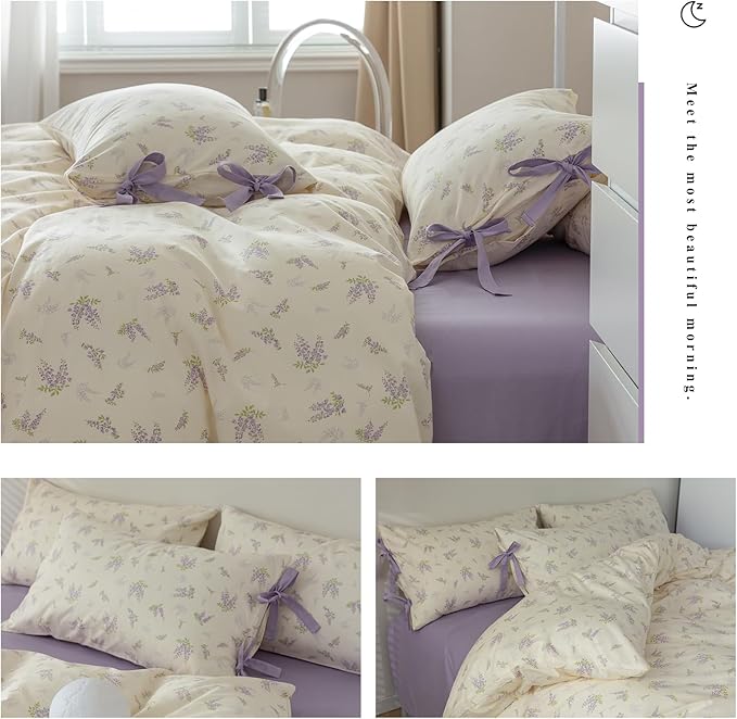 HighBuy Garden Floral Duvet Cover Twin XL with 2 Bowknot Bow Tie Pillowcases Coquette Aesthetic Comforter Cover Soft Cotton 3 Piece Botanical Boho Duvet Cover with Purple Flowers Bedding Set