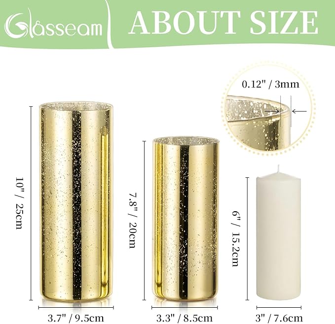 Glasseam Gold Cylinder Vases for Centerpieces: 24 Modern Mercury Hurricane Glass Vase Set for Flowers - Decorative Golden Pillar Candle Holders for Wedding Party Dining Room Table Decor