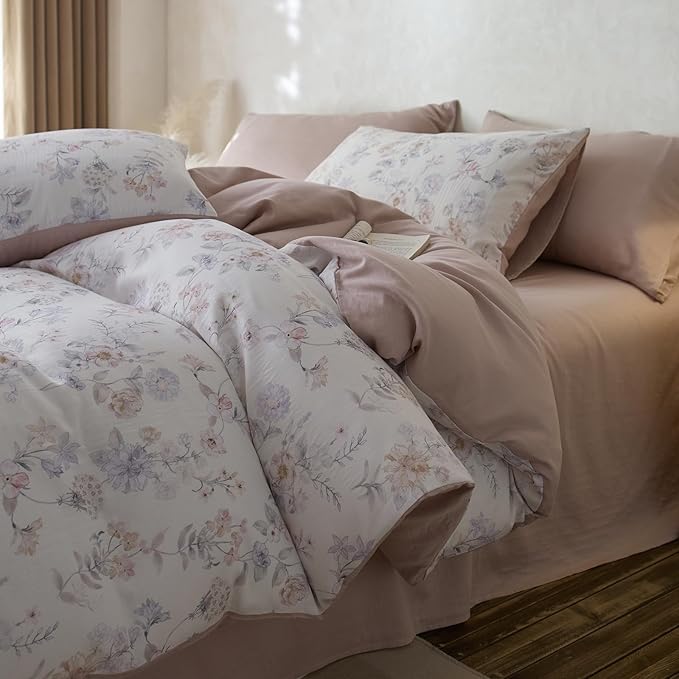 VM VOUGEMARKET King Duvet Cover Set,Blue Pink Flower Duvet Cover with 2 Pillowcases Cooling Breathable Lyocell & Cotton Bedding Set for Girls & Women (Blush Pink, 104x90 Inch)